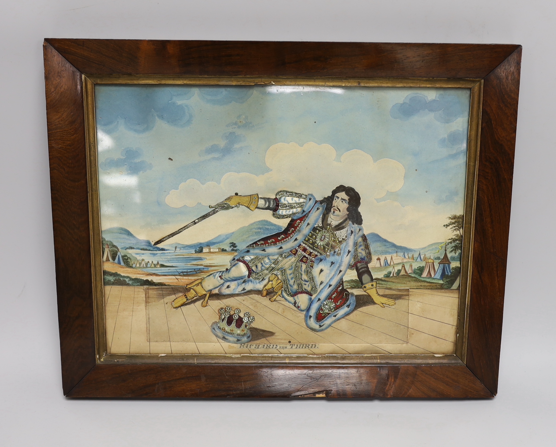 An early 19th century hand-coloured tinsel print of Richard the Third, rosewood framed. 24 x 32cm excl frame